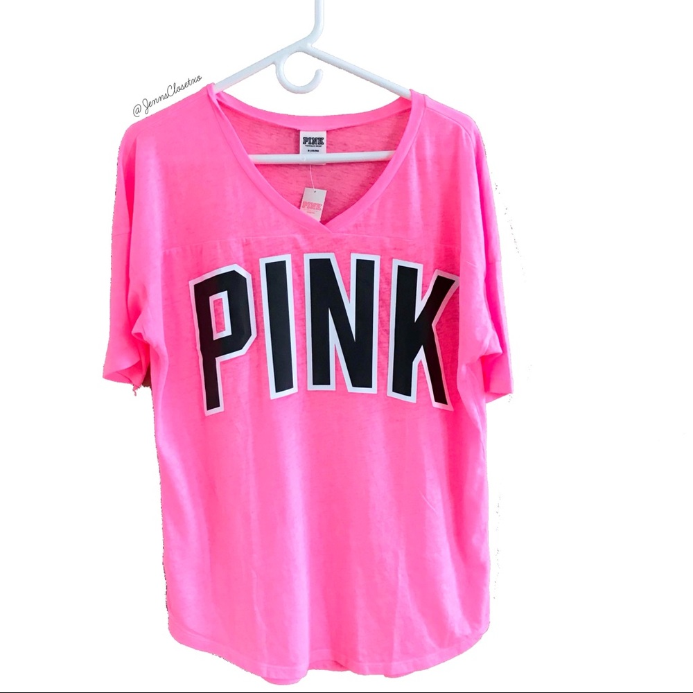 •Victoria’s Secret PINK• Logo neon pink v neck tee - Picture 2 of 3